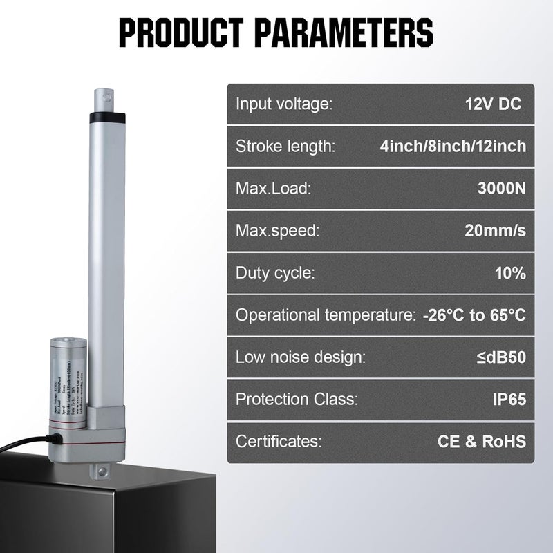 DC HOUSE 12 Inch (12") Stroke Linear Actuator 12V High Speed Actuator Motor 3000N/660lbs with Brackets Mounting DC 12V Linear Actuator with Reverse Polarity Toggle Switch - Image 2